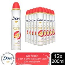 Image of Dove Advanced Care Go Fresh AntiPerspirant Spray Peach & White Blossom, 12x200ml