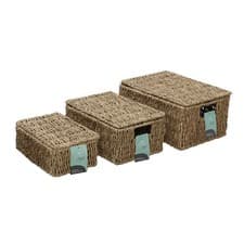 Image of JVL Set of 3 Natural Seagrass Storage Baskets with Lids Brown