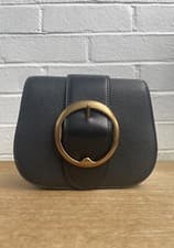 Image of Ralph Lauren Medium Gold Buckle Black Leather Shoulder Crossbody, Brand New