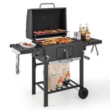 Image of Charcoal BBQ Grill with Lid Trolley 2 Folding Side Tables 8 Hooks 2 Wheels