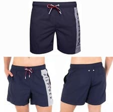 Image of Tommy Hilfiger Mens Navy Solid Stripe Logo Swim Shorts Size UK M 32 - 34" Waist