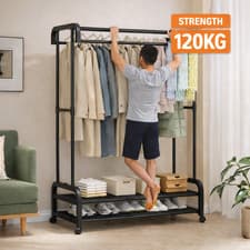 Image of New Clothes Rail with Hanging Space, Storage Shelves & Wheels (Tyres) – Black