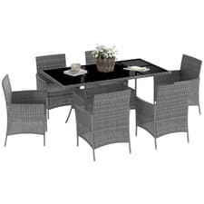 Image of Outsunny Rattan Dining Set for 6 with Cushions, Glass Top Table
