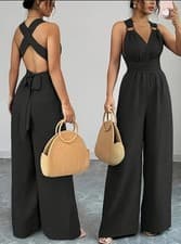 Image of Women's Elegant V-Neck Wide-Leg Jumpsuit with Belted Waist & Back Strap BNWT MED