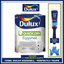 Image of Dulux Quick Dry Perfectly Taupe 750ML Eggshell Paint FREE BRUSH & GLOVES