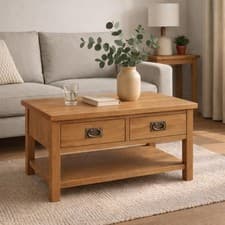 Image of Oak Coffee Table with Drawers – Oakcroft Rustic Living Room Table Assembled
