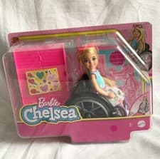 Image of Barbie Chelsea Doll & wheelchair with chelsea blonde doll in skirt with ramp