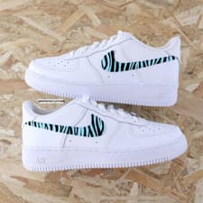 Image of Air Force 1 Low Custom White Shoes Aqua Icey Blue Safari Zebra Stripe Swooshes