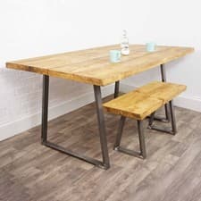 Image of Dining Table Wooden Solid Kitchen Oak Style Furniture Metal Trapezium Steel Legs