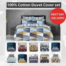 Image of Luxury 100% Cotton Reversible Duvet Cover Bedding Set with Pillowcases All Sizes