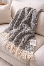 Image of Diane Jackson Cole Chenille Boucle Throw Blanket Black White Fringe Cozy Soft US