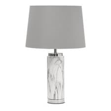 Image of Table Lamp Cylinder Grey Marble Effect with Grey Silver Lined Shade