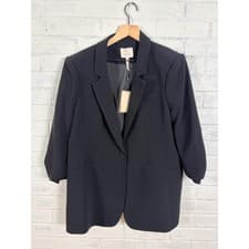Image of Cinq à Sept Crepe Khloe Blazer Women 14 Black Ruched 3/4 Sleeve Single Button