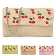 Image of Women's Faux Straw Foldover Clutch Bag Embroidered Cherry Print Ladies Handbag