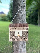 Image of Wooden Insect Hotel Home Hanging Bug House with Bark Roof Natural Garden Decor