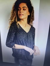 Image of Blouse black with gold Metallic Foil Print, Tie Detail to sleeve