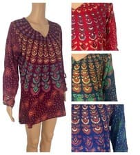 Image of 100% Cotton Barmeri Print Top with 3/4 Length Flared Sleeve - Loose Fit Mandala