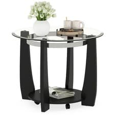 Image of COSTWAY Glass Coffee Table 81CM 2-Tier Round Center Table w/Storage Shelf-Black