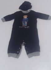 Image of Ralph Lauren Baby Polo Bear Age 9 Months Blue Hat Romper Set BabyGro 100% Cotton