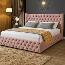Image of Plush Velvet Buckingham Storage Bed, Ottoman Gas lift Bed, Wing Back Ottoman Bed