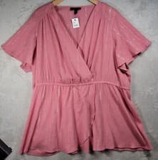 Image of Lane Bryant Blouse Top Womens 24 Pink Metallic Faux Wrap Short Sleeve V Neck
