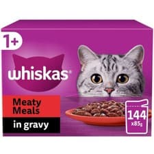 Image of 144 x 85g Whiskas 1+ Meaty Meals Mixed Adult Wet Cat Food in Gravy Mega Pack