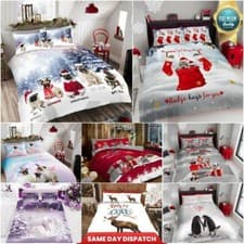 Image of CHRISTMAS DUVET COVER Reversible XMAS Quilt Deer Santa Unicorn Penguin Bedding
