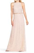 Image of Adrianna Papell Beaded Halter Neck Evening Maxi Dress Blush Choose Size