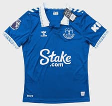 Image of EVERTON HOME 2023/24 FOOTBALL SHIRT - BNWT - DAD # 24 - SMALL - HUMMEL