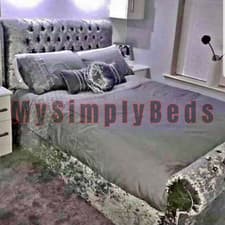 Image of New Stylish Sleigh Chesterfield Upholstered Designer Crushed Velvet Scroll Bed