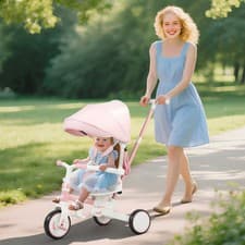Image of 5 in 1 Kids Trike with Adjustable Backrest, Foldable Baby Trike, Pink