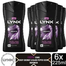 Image of Lynx Excite Shower Gel 225ml 6 Pack 3in1 Body Hair Face Wash Mens Fresh