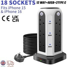 Image of Tower Extension Lead 12 Socket 4 USB 2 Type C Indicator Surge Protection 2m long