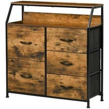 Image of HOMCOM Bedroom Chest of Drawers, Industrial 5 Fabric Drawer Dresser Rustic Brown