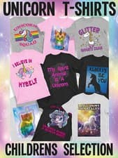 Image of Boys Girls Unicorn Kitten Rainbow Colours Themed T-Shirts Birthday Gift
