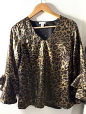 Image of W Collection Leopard Print Gold Blouse UK 8 Metallic Animal Print Ruffle Sleeve