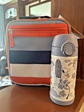 Image of SNOOPY Pottery barn school LUNCH BOX bag Peanuts surf+ Water Bottle Disney .