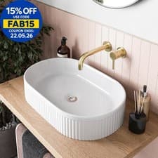 Image of Bathroom Countertop Basin Sink Fluted Gloss White Oval Modern 573 x 358mm