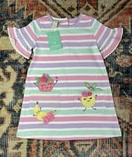 Image of Monsoon Pastel Striped Dress with Fruit Embroidery Girls 12-18 Months BNWT