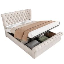 Image of Ottoman Gas Lift Storage Bed 4ft6 Double Velvet Upholstered Bed Frame Beige