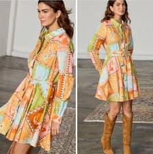 Image of NWT Never Fully Dressed Lauren Patch Print Linen Blend Shirt Dress Size 14