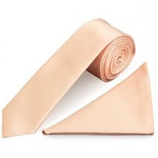 Image of Plain Light Peach Satin Skinny Mens Tie and Pocket Square Set Wedding Formal Tie