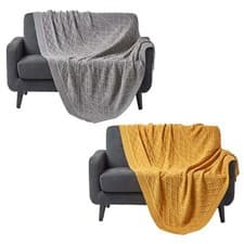 Image of Cable Knit Diamond Pattern 100% Cotton Sofa Throw Mustard & Grey
