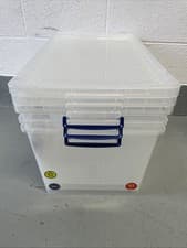 Image of 3x Really Useful Box Nestable Plastic Storage 83 Litre Clear 1 Damaged Lid