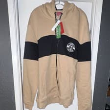 Image of GUESS Men's Full Zip Fleece Hoodie Toasted Taupe Black Logo Pockets XXL