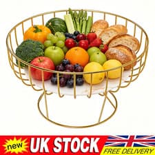 Image of Multi-Use Wire Fruit Basket Round Storage w/ Marble Glass Tray Kitchen Organiser