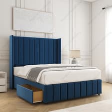 Image of Zoe Divan Winged Plush Velvet Bed Upholstered Head Board Bed Storage Drawers UK