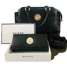 Image of GUESS black ‘Dayane’ triple compartment satchel with large, matching purse