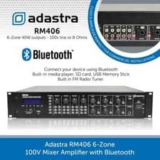 Image of Adastra RM406 6-Zone 100V Mixer Amp With Bluetooth FM USB SD 19" Rackmount 6x40W
