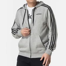 Image of Adidas Essential Mens 3-Stripes Full Zip Hoodie Grey French Terry BNWT UK Small